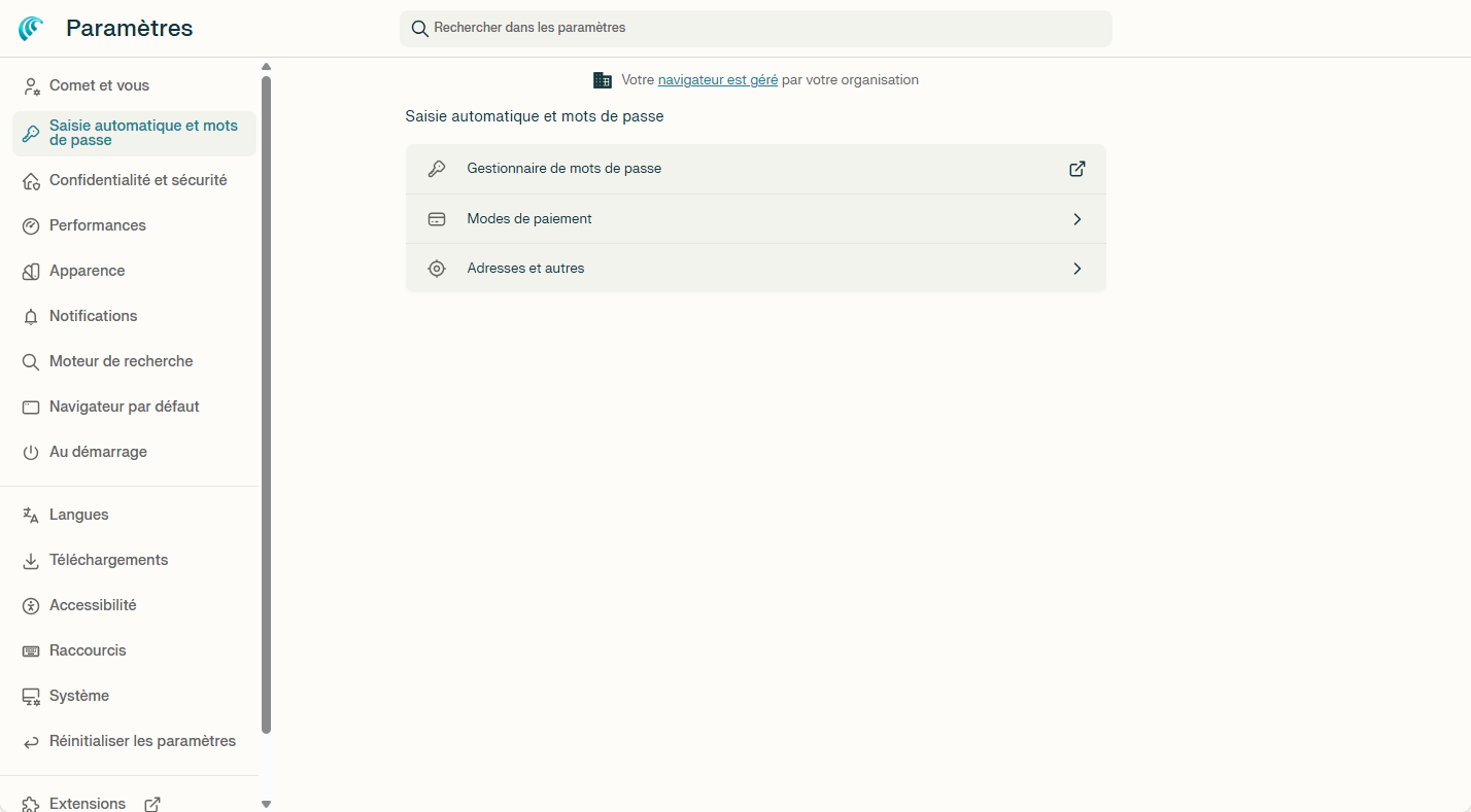 Paramètres de saisie automatique et mots de passe Comet