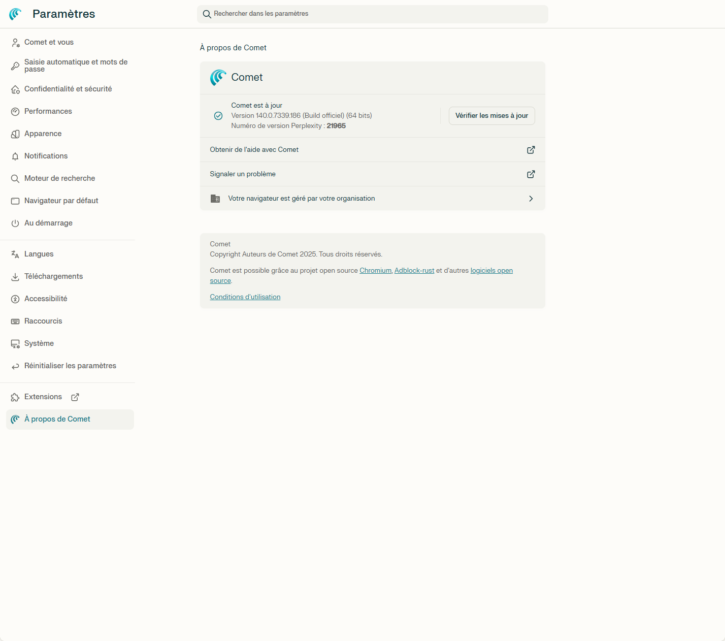 Page À propos de Comet montrant la version Chromium