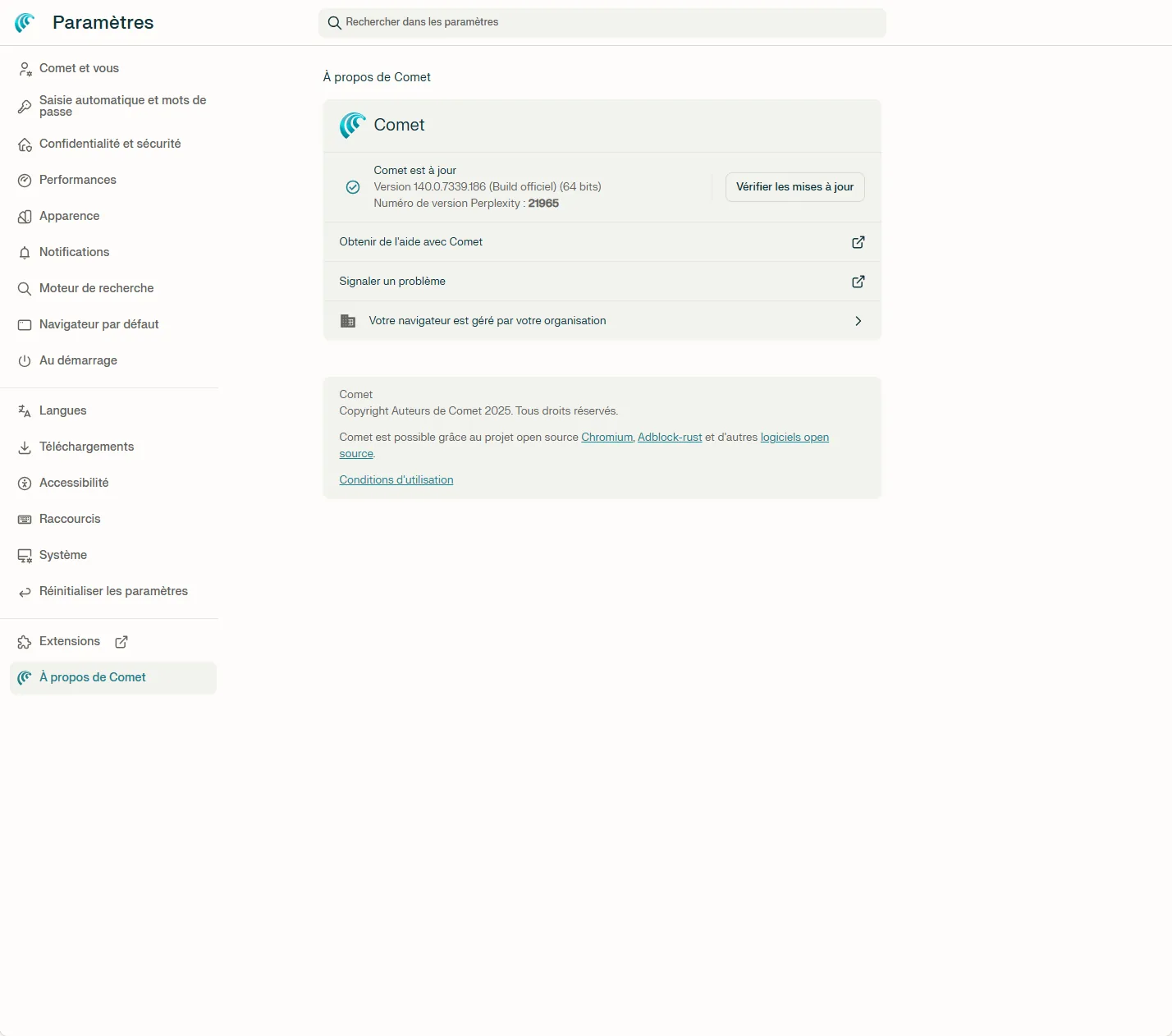 Page À propos de Comet montrant la version Chromium