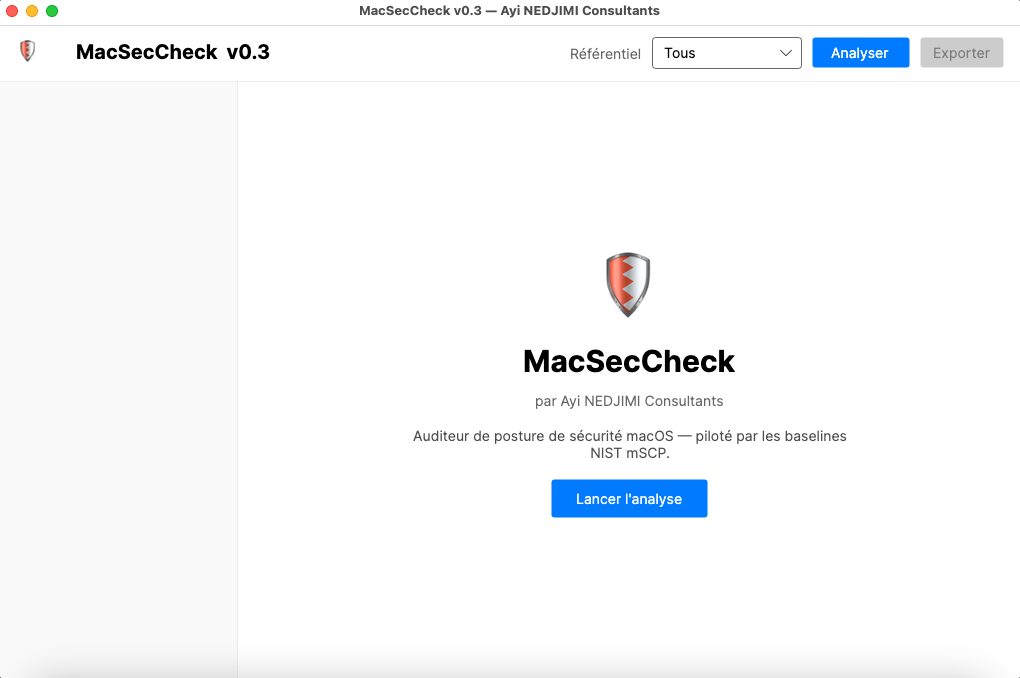 MacSecCheck — interface graphique native macOS avec score global et résultats par catégorie