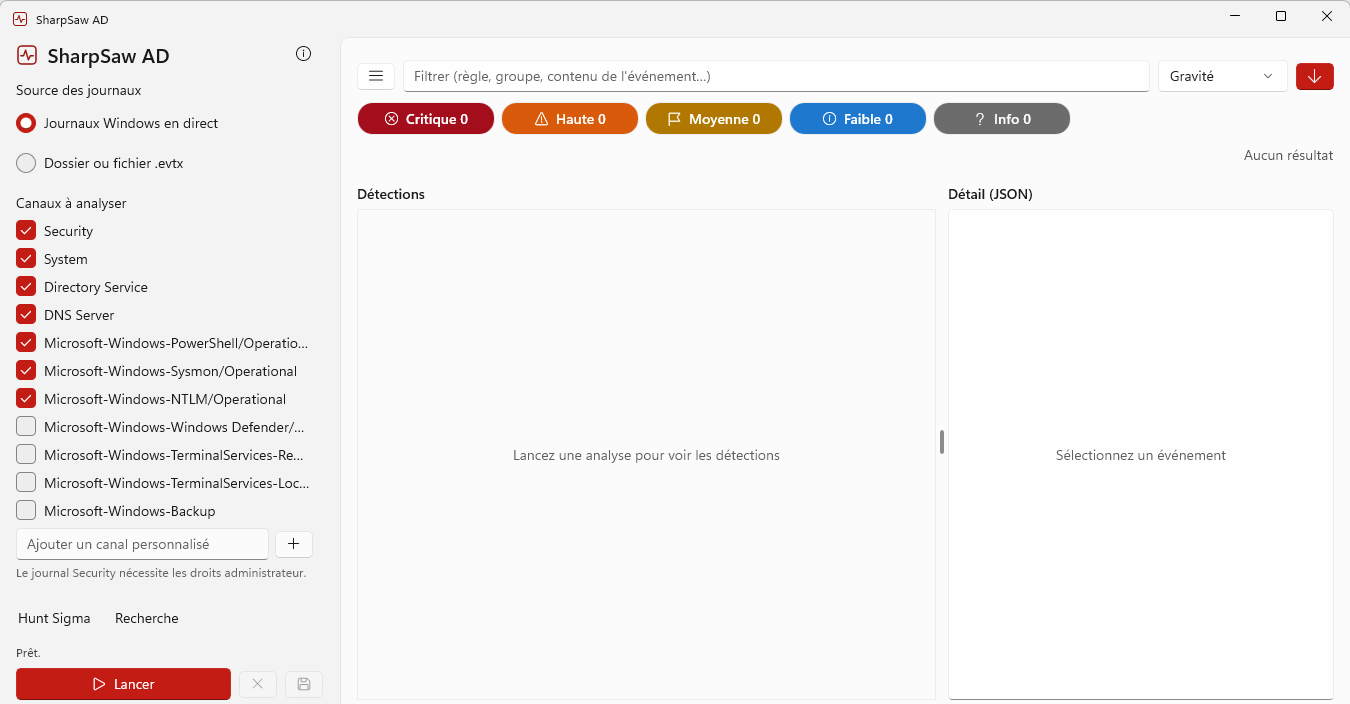 SharpSaw AD — écran d'accueil avec les canaux Active Directory