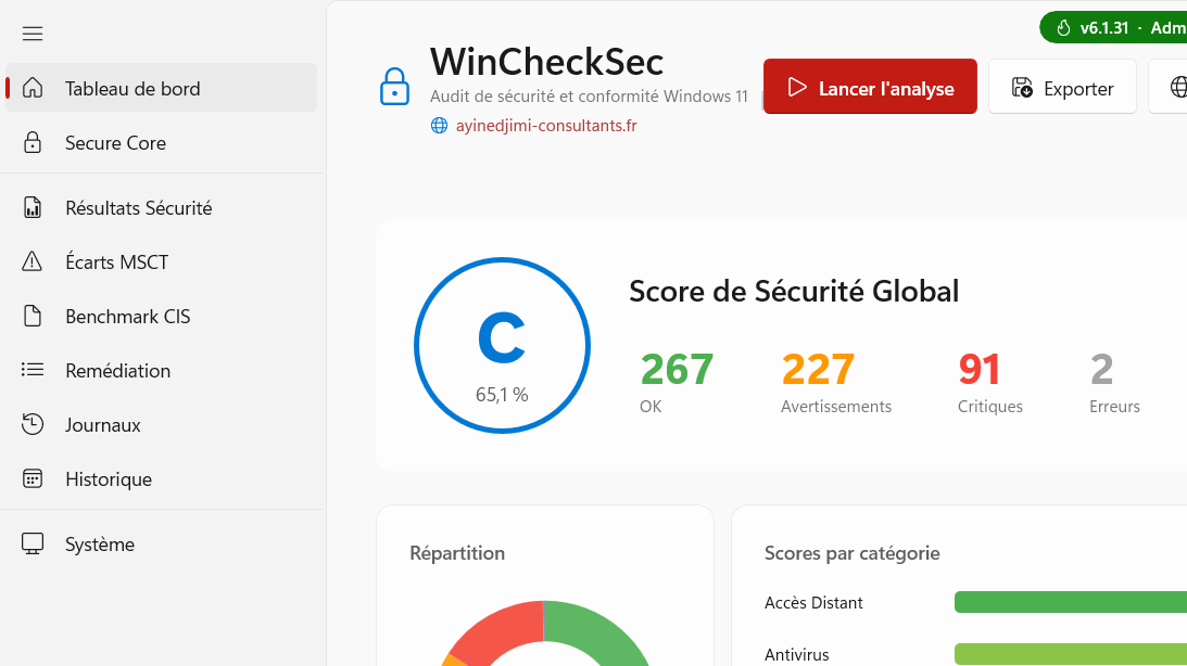 WinCheckSec — tableau de bord avec score global, lancement d'analyse et export