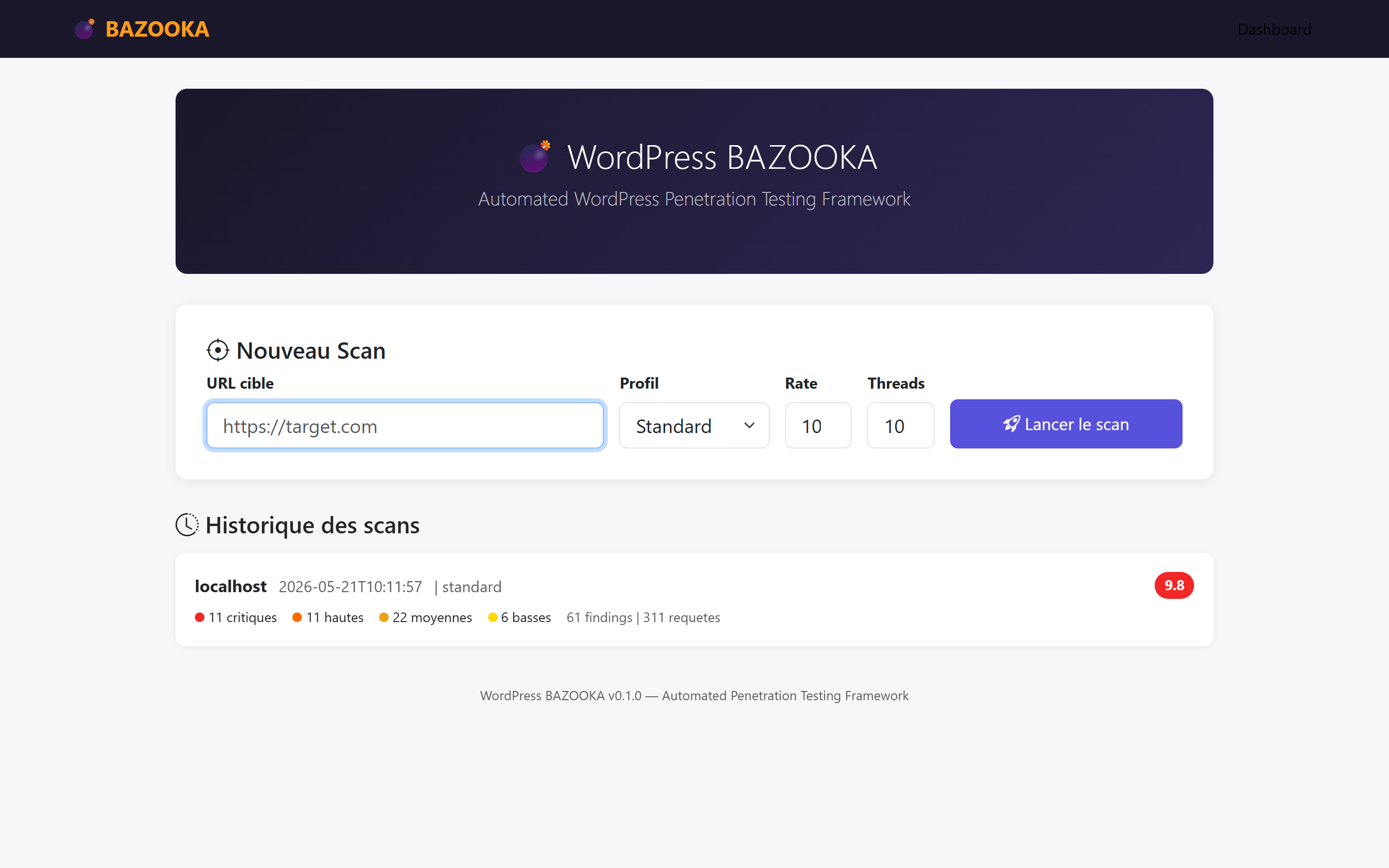 WordPress Bazooka — dashboard principal