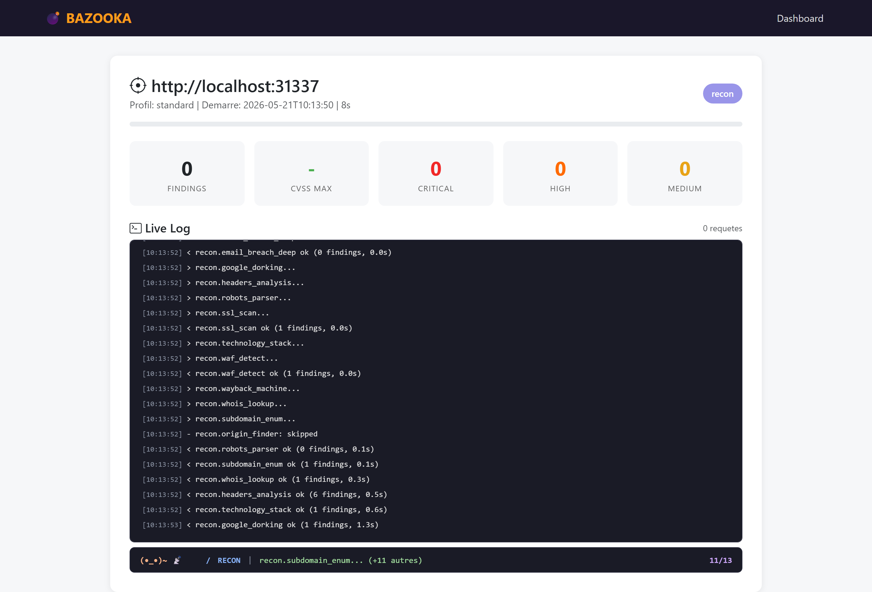 WordPress Bazooka — scan en cours avec progression en temps réel