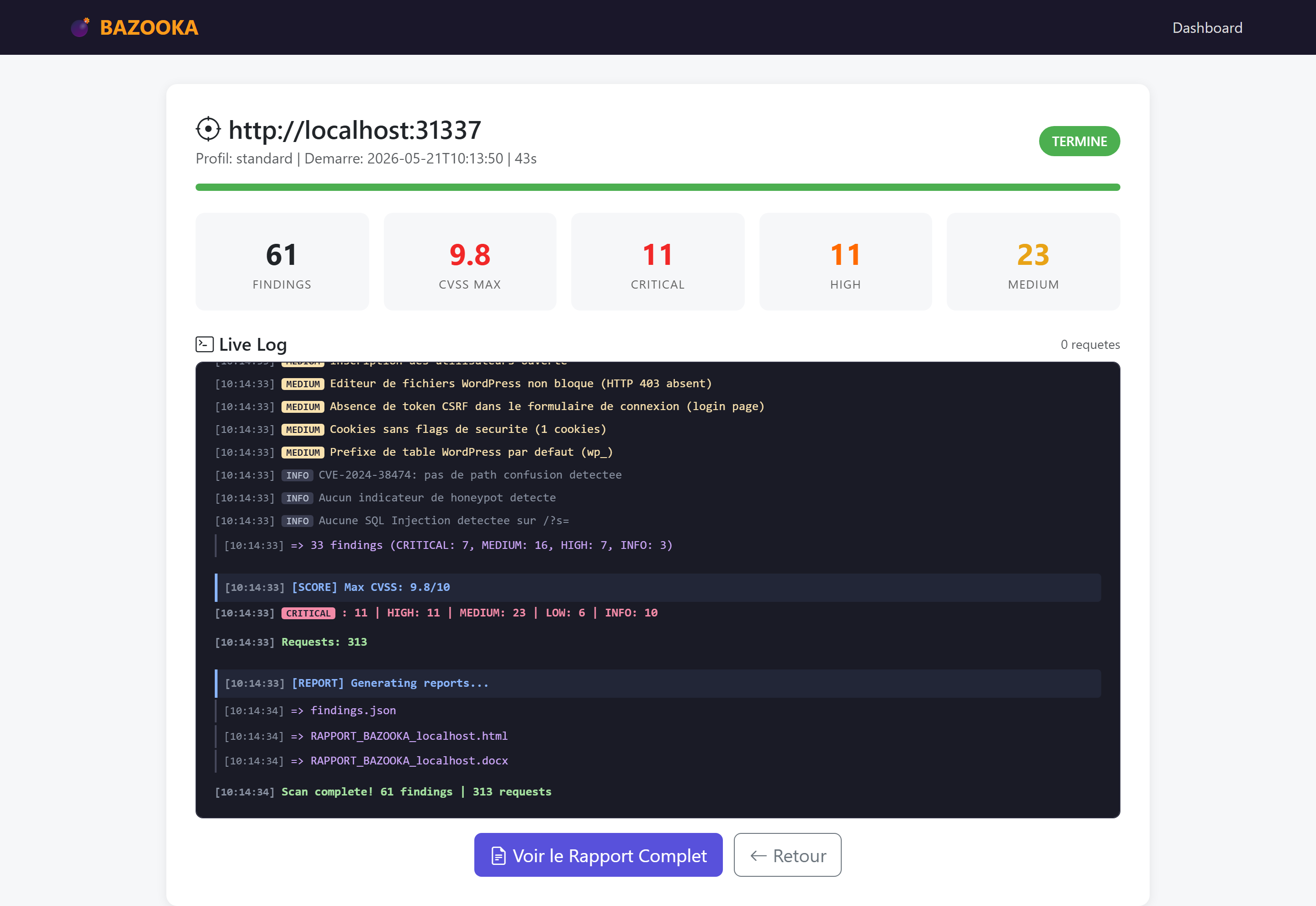 WordPress Bazooka — résultats du scan